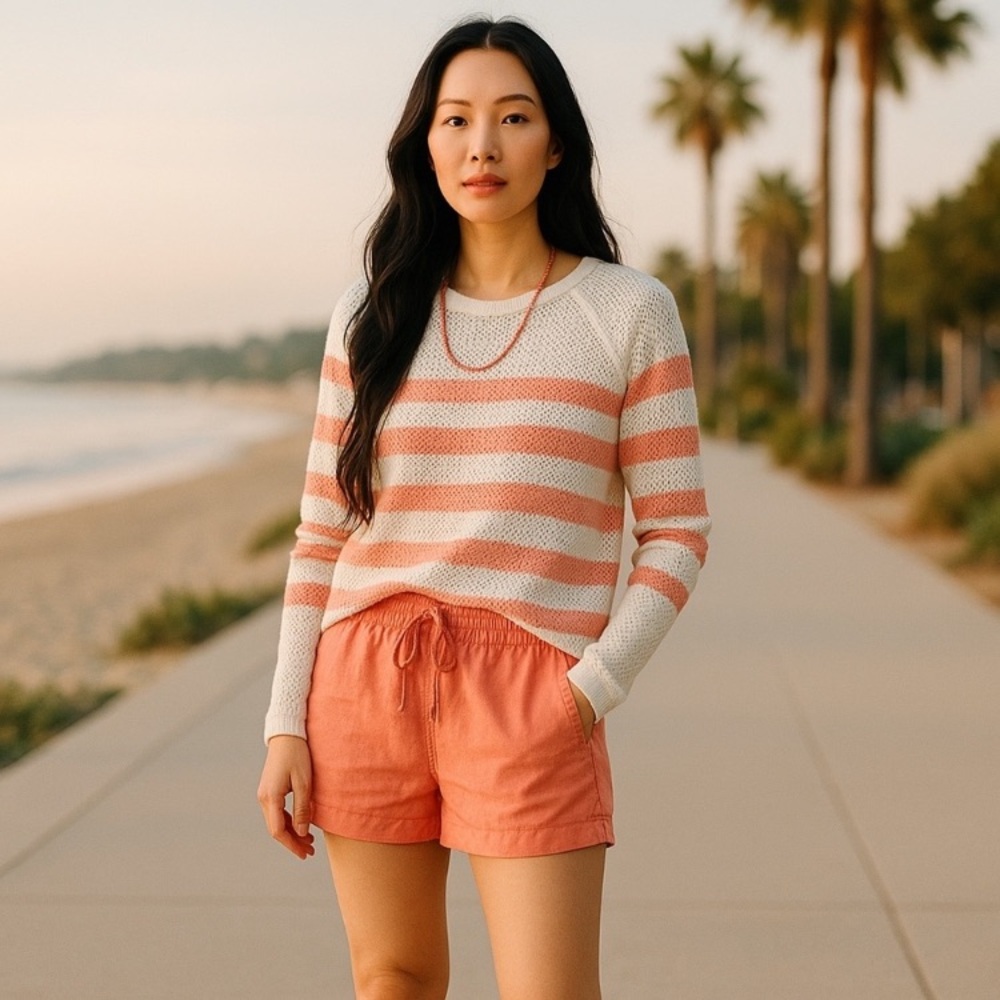 3/$29 Velvet Graham & Spencer Orange White Silk Beachcore Striped Sweater Size S